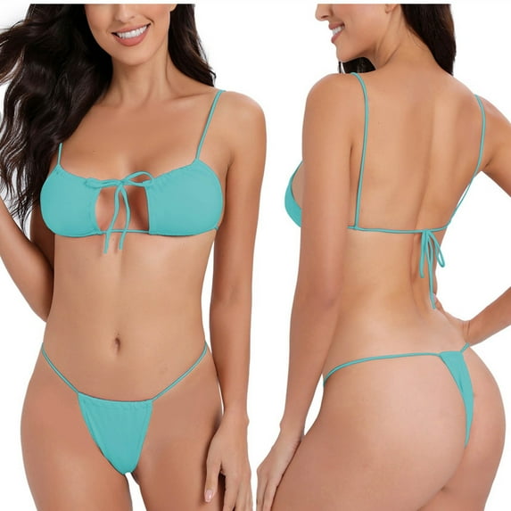 Wyobmus Women's Bikini Set 2 Piece Bikini Swimsuit Mini Halterneck Triangle Top Thong Micro Swimwear Lingerie Set Light Blue