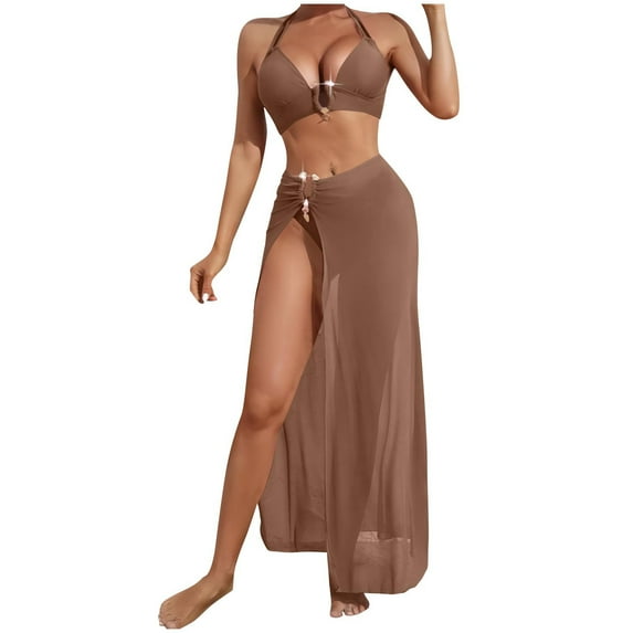 Wyobmus Women's Bikini Set 3 Piece Swimsuits Padded Floral Print String Bathing Suit Sets High Cut Halter Triangle Bikini Swimsuit With Cover Up E-Coffee