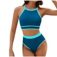 thumbnail image 1 of Wyobmus Women's Bikini Sets High Neck Contrast Trim High Waisted Two Pieces Swimsuits Modest Bathing Suits Blue, 1 of 2