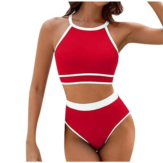 Wyobmus Women's Bikini Sets High Neck Contrast Trim High Waisted Two Pieces Swimsuits Modest Bathing Suits Red