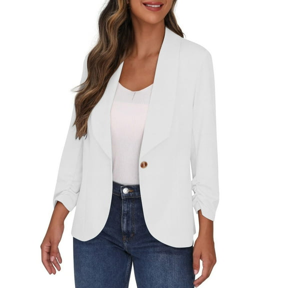 Wyobmus Women's Blazer Elegant 3/4 Sleeve Suit Jacket Casual One Button Office Business Dressy Jack Outfits B-White