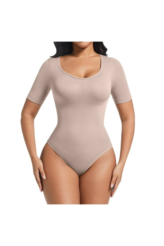 Women's Bodysuits Solid Color 3/4 Sleeve Scoop Neck Shapewear Triangle Breasted Adjustable Crotch Body Suit Khaki