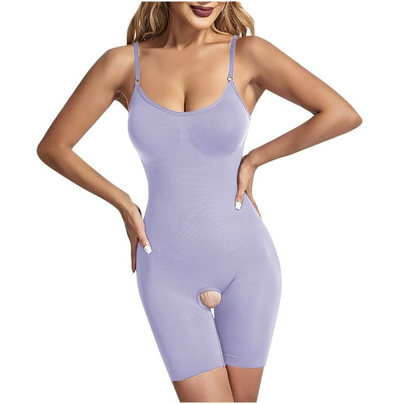 Wyobmus Women's Bodysuits Tummy Control Spaghetti Straps Shapewears Solid Color Seamless Open Bottom Body Suit Purple