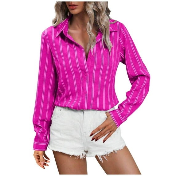 Wyobmus Women's Button Down Shirts Long Sleeve Dress Shirts Striped Collared Work Office Solid Blouses Slim Tops Hot Pink