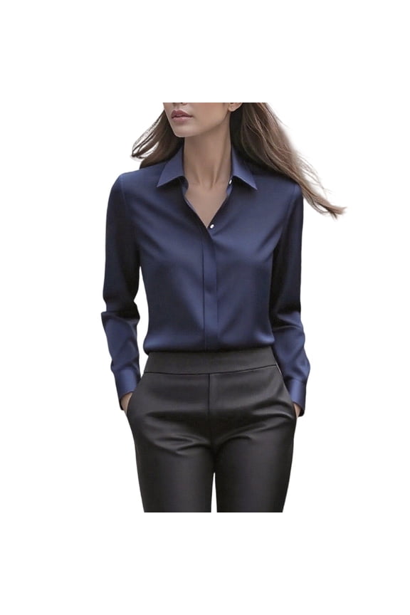 Women's Button Down Shirts Long Sleeve V Neck Dress Shirts Wrinkle Free Collared Work Office Solid Blouses Tops Navy