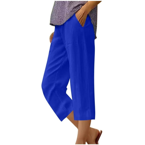 Wyobmus Women's Capri Linen Pants Casual High Elastic Waisted Cropped Pants 3/4 Lightweight Cotton Solid Lounge Pant Blue