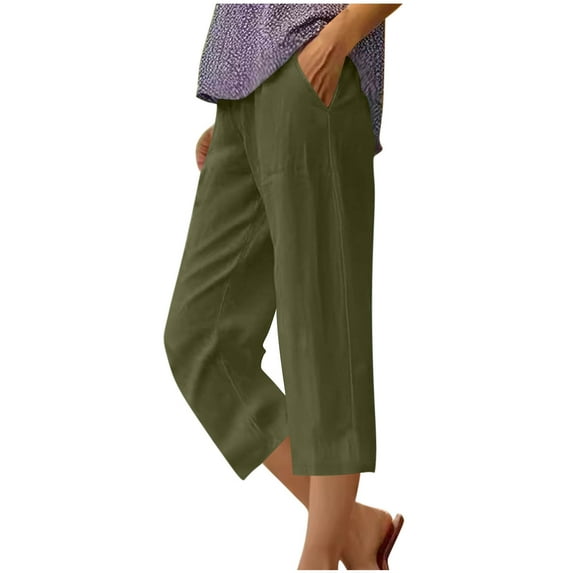 Wyobmus Women's Capri Linen Pants Casual High Elastic Waisted Cropped Pants 3/4 Lightweight Cotton Solid Lounge Pant Dark Green