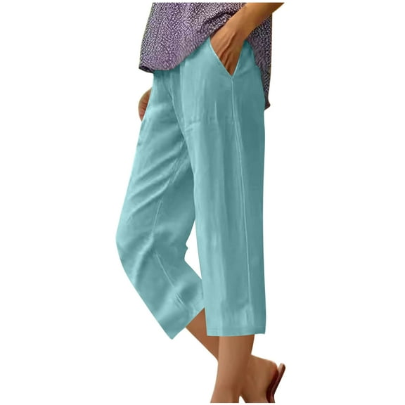 Wyobmus Women's Capri Linen Pants Casual High Elastic Waisted Cropped Pants 3/4 Lightweight Cotton Solid Lounge Pant Light Blue