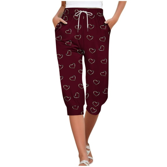Wyobmus Women's Capri Pants Casual Elastic Drawstring Waist 3/4 Loveheart Print Cropped Capri Lounge Jogger Pants G-Burgundy
