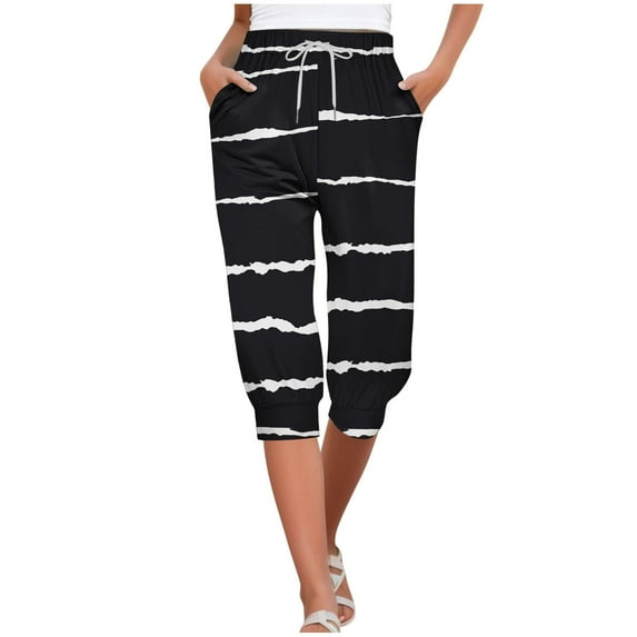 Wyobmus Women's Capri Pants Casual Elastic Drawstring Waist 3/4 Sweatpants Loose Stripe Printed Stretch Bottom Active Pants A-Black