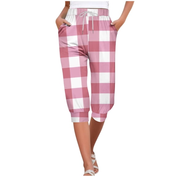 Wyobmus Women's Capri Pants High Waist Drawstring Cinch Bottom 3/4 Sweatpants Loose Casual Plaid Pants With Pockets B-Pink