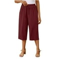 thumbnail image 1 of Wyobmus Women's Capri Pants Linen Drawstring Waist Capris Solid Color Casual Summer Loose Straght Fit 3/4 Pants With Side Pockets S-2X Burgundy, 1 of 8
