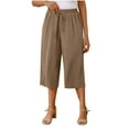 thumbnail image 1 of Wyobmus Women's Capri Pants Linen Drawstring Waist Capris Solid Color Casual Summer Loose Straght Fit 3/4 Pants With Side Pockets S-2X Khaki, 1 of 8