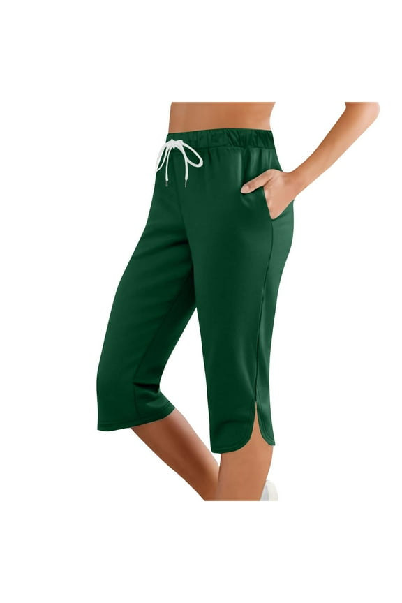 Women's Capri Pants Solid Color Elastic Waist 3/4 Length Split Bottom Sports Casual Pants With Side Pockets A-Olive Green