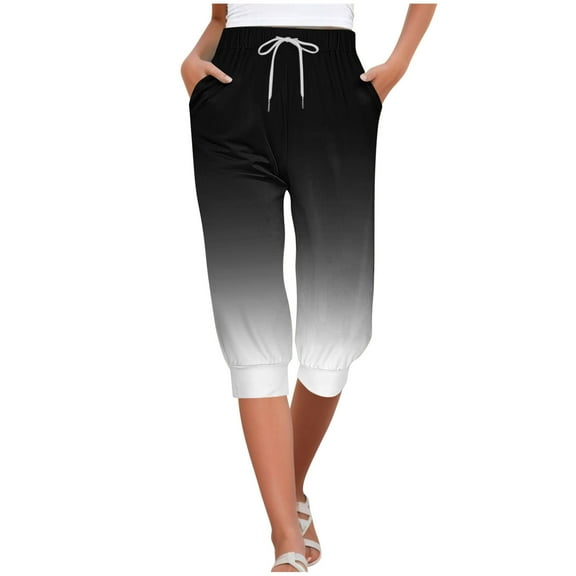 Wyobmus Women's Capri Pants Summer Comfy Lightweight 3/4 Elastic Bottom Pants With Pockets Loose Gradient Drawstring Workout Sweatpants A-Black