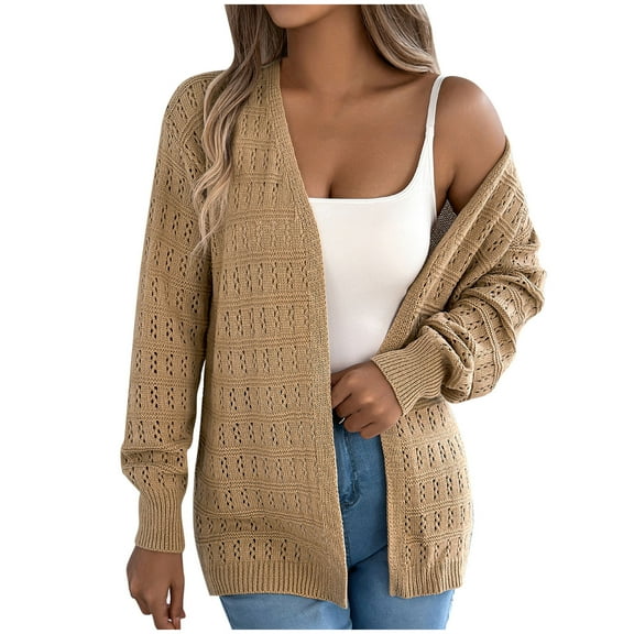 Wyobums Women's Cardigan Sweaters Fall Long Sleeve Crochet Eyelet Open-Front Cardigan Lightweight Loose Knitted Sweater B-Khaki