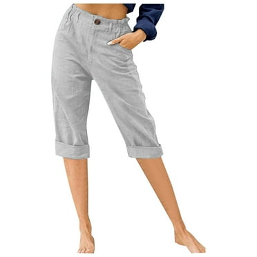 Wyobmus Women's Cargo Capri Pants Solid Comfy Straight Leg Roll Half Pants With Pocket Gray