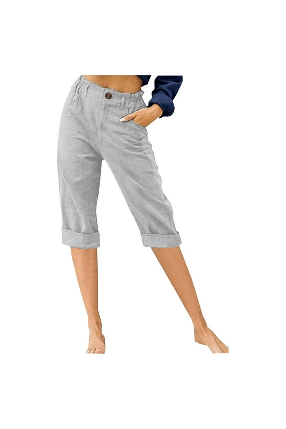Women's Cargo Capri Pants Solid Comfy Straight Leg Roll Half Pants With Pocket Gray