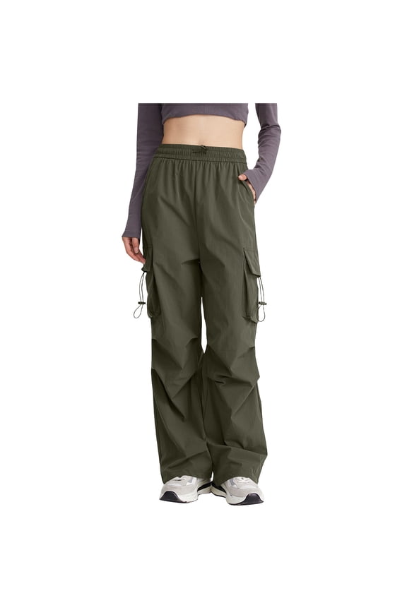 Women's Cargo Hiking Pants Baggy Parachute Pants High Waisted Travel Camping Work Pants with Pockets Fashion Streetwear Clothes Olive Green