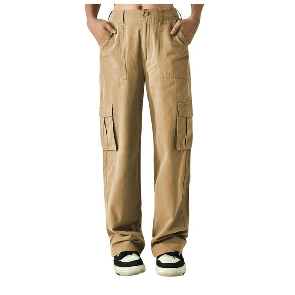 Wyobmus Women's Cargo Pants Solid Color High Waisted Casual Pants Baggy Stretchy Wide Leg Y2K Streetwear Khaki