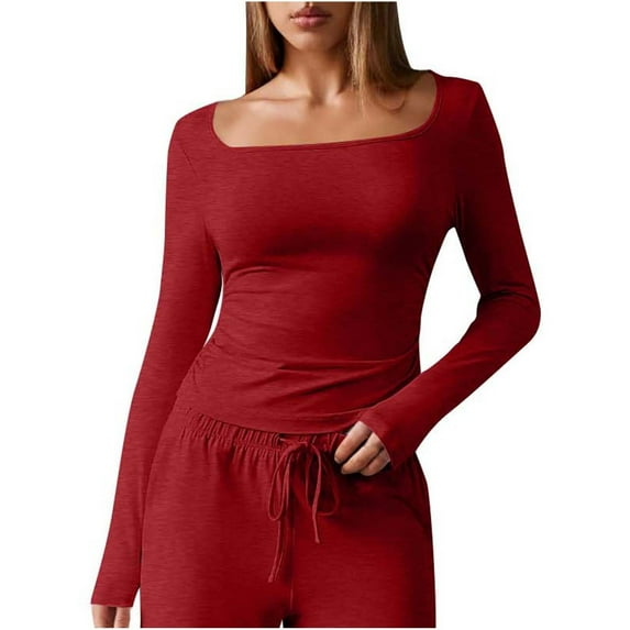 Wyobmus Women's Casual Basic Going Out Crop Tops Slim Fit Short Sleeve Pullover Tops Square Neck Tight T Shirts 2025 Burgundy