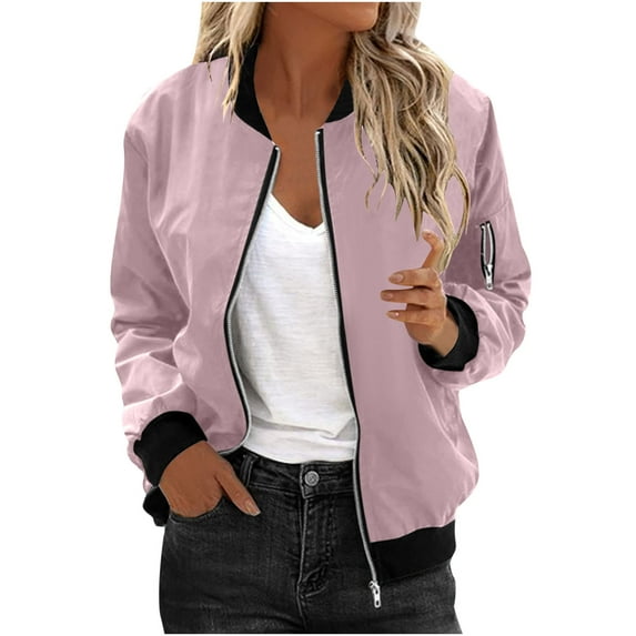 Wyobmus Women's Casual Jacket Casual Zip Up Lightweight Bomber Jacket Long Sleeve Casual Loose Outerwear with Pocket Fall Fashion Clothes B-Pink