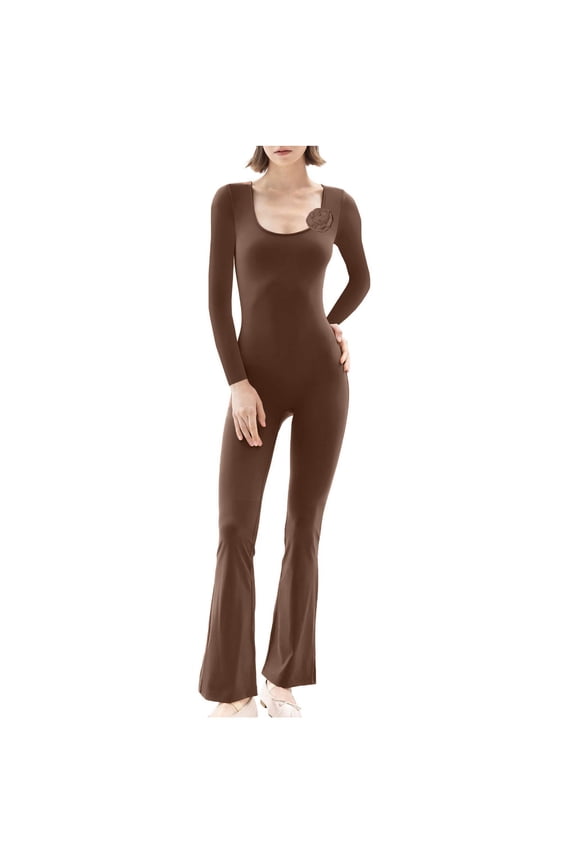 Women's Casual Skinny Jumpsuits Elegant Long Sleeve Tummy Control Yoga Pants Square Neck Wide Leg Full Length Romper Playsuit Flare Jumpsuits Brown