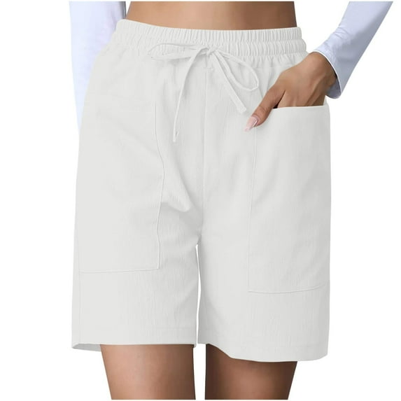 Wyobmus Women's Casual Summer Shorts Elastic Waist Comfy Knee Length Bermuda Shorts Quick Dry Outdoor Running Cargo Shorts With Pockets White