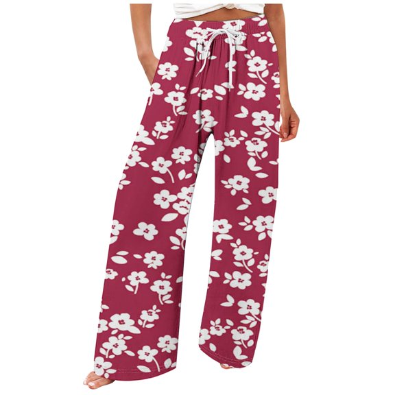 Wyobmus Women's Casual Wide Leg Pants Comfy Stretch Loose Straight Leg Casual Athletic Pants Printed Running Workout Lounge Pants With Pockets Red