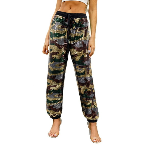 Wyobmus Women's Cinch Bottom Sweatpants Casual Elastic Waist Sequin Jogger Pants B-Camouflage