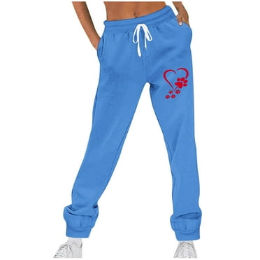 Wyobmus Women's Comfy Drawstring Waist Sweatpants Baggy Floral Printed Lounge Pants Cinch Bottom Straight Leg Pants C-Sky Blue