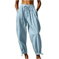 thumbnail image 1 of Wyobmus Women's Cotton Linen Pants Elastic Waist Drawstring Casual Harem Pants Lightweight Straight Legs Loose Beach Cropped Pants S-2X Light Blue, 1 of 8