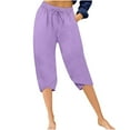 thumbnail image 1 of Wyobmus Women's Cotton Linen Summer Capri Pants Summer Causal Petal Hem Capris Drawstring Solid Elastic Waist Flowy Beach Trousers With Pockets Purple, 1 of 5