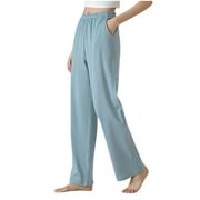 WYOBMUS Women's Cotton Lounge Pants Soft Lightweight Sleep Pants With Pockets Solid Pajama Bottoms Blue