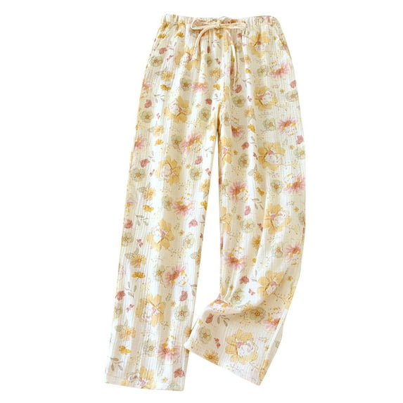 Wyobmus Women's Cotton Pajama Pants Floral Wide Leg Elastic Waisted Pajamas Pants Comfy Loose Ribbed Knit Lounge Pants With Pockets E-Yellow