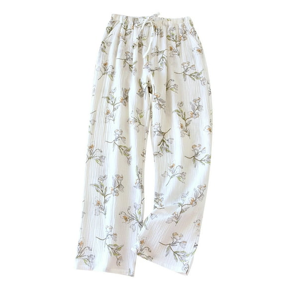 Wyobmus Women's Cotton Pajama Pants Floral Wide Leg Elastic Waisted Pajamas Pants Comfy Loose Ribbed Knit Lounge Pants With Pockets F-White