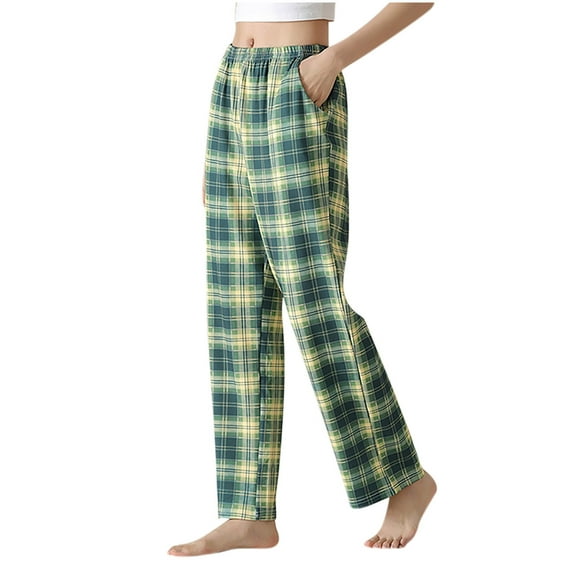 Wyobmus Women's Plaid Pajama Pants With Pockets Cotton Comfy Elastic Waist Sleep Pants Loose Straight Wide Leg Yoga Pants for Comfortable Nights C-Green