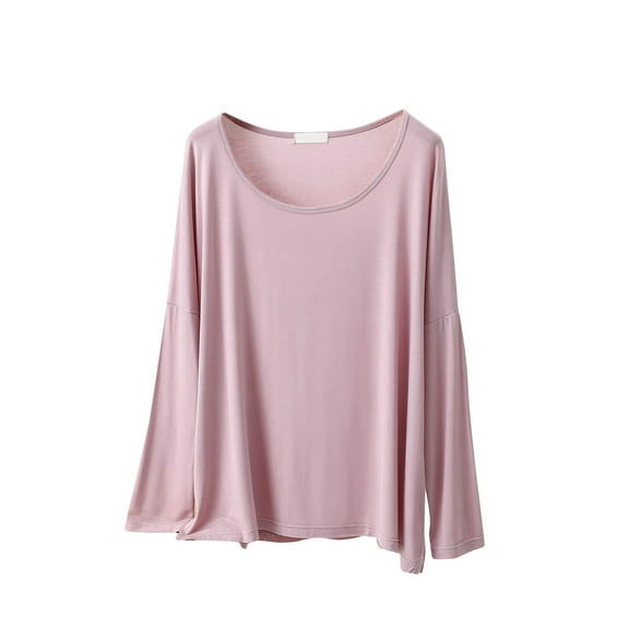 Wyobmus Women's Crew Neck Tops Long Sleeve Modal Cotton Pajama Shirt Ladies Scoop Neck Casual Basic Tees Loose Fit B-Pink
