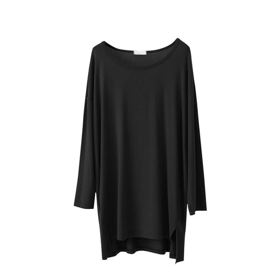 Wyobmus Women's Crew Neck Tops Long Sleeve Modal Cotton Pajama Shirt Ladies Scoop Neck Casual Irregular Hem Basic Tees Loose Fit A-Black