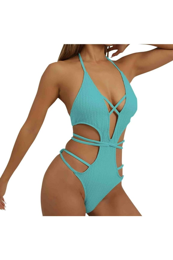 Women's Criss Cross Halter Bathing Suit Cut Out Backless Monokini Swimsuits Ribbed Texture One Piece Swimwear Light Blue