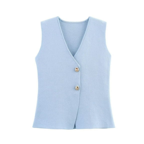 Wyobmus Women's Cropped Knit Vest V Neck Button Up Blouses Jacket Solid Color Sleeveless Tank Tops A-Blue
