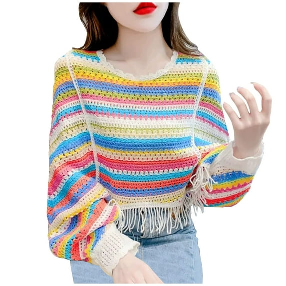 Wyobmus Women's Cropped Sweaters Lightweight Lace Collar Fringed Pullover Loose Crewneck Long Sleeved Top White