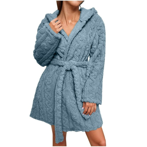 Wyobmus Women's Double Fleece Robes with Hood Mid-Length Plush Hooded Bathrobe Long Sleeves Thickened Warm Soft Jacquard Nightgown Winter Loungewear Coat with Waist Belt S-XXL B-Light Blue