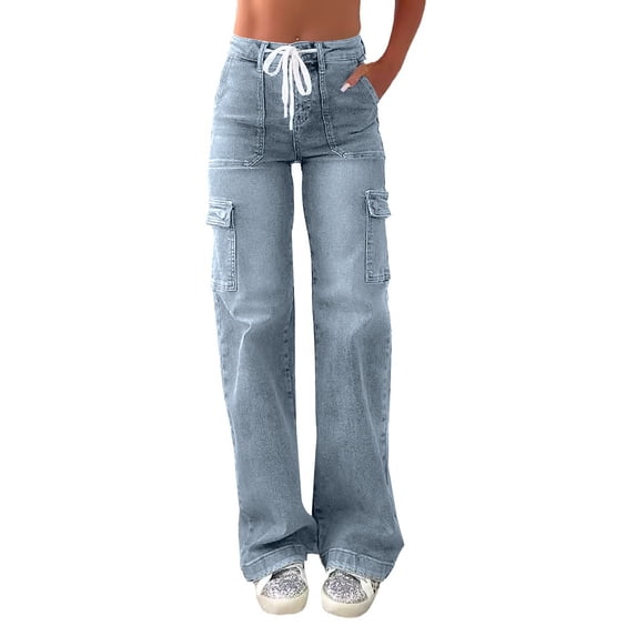 Wyobmus Women's Drawstring Denim Pants Mid Rise Working Casual Straight Leg Jeans With Pocket Blue