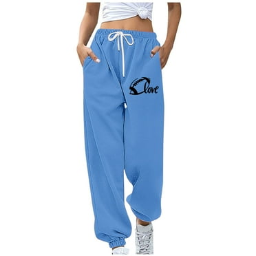 Wyobmus Women's Drawstring Sweatpants Fashion High Waisted Joggers Pants Loose Rugby Printed Athletic Sweatpants With Pockets A-Blue