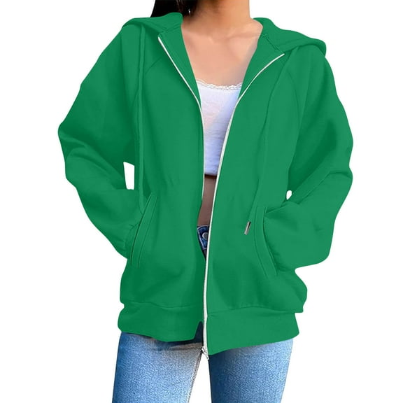 Wyobmus Women's Drawstring Zip Up Hoodies Oversized Sweatshirt Jackets Casual Jackets with Pocket Comfy Fall Fashion Outfits Winter Clothes B-Green