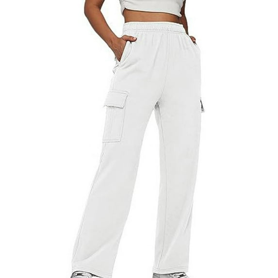 Wyobmus Women's Fall Cargo Sweatpants Baggy Wide Leg Sweatpants High Waisted Baggy Running Pants for Women Casual Pants with Multi-Pockets B-White