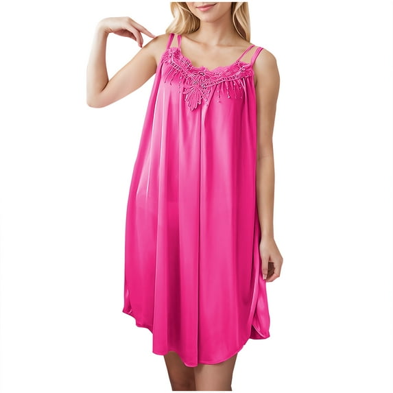 Wyobmus Women's Faux Silk Nightgowns Soft Breathable Embroidered Knee-Length Sleepdress 2 Spaghetti Strapes Sleeveless Nightgowns A-Hot Pink