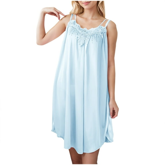 Wyobmus Women's Faux Silk Nightgowns Soft Breathable Embroidered Knee-Length Sleepdress 2 Spaghetti Strapes Sleeveless Nightgowns A-Sky Blue