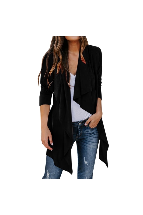 Women's Faux Suede Draped Front Cardigan Long Sleeve Open Front Waterfall Irregular Hem Jackets Lighweight Fall Fashion Outwear Coat Black